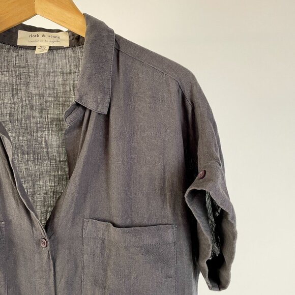 Cloth & Stone 100% Linen Short Sleeve Button Up Shirt, Stone Grey, Size M - Picture 2 of 8